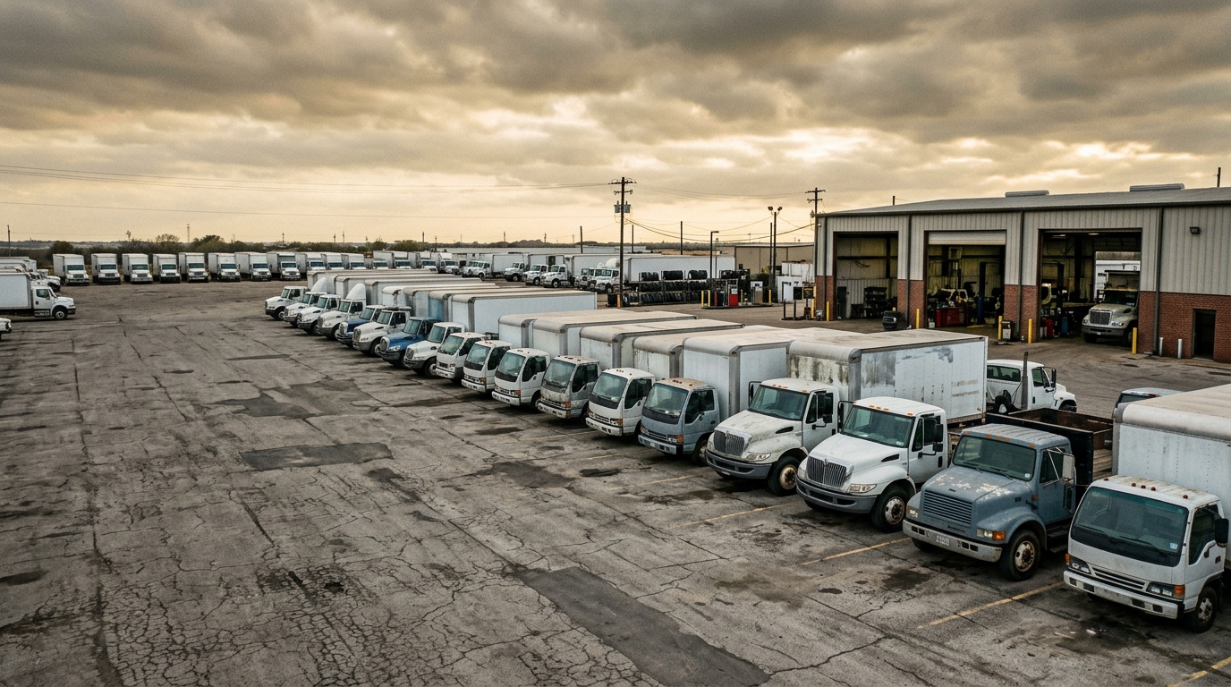 A commercial fleet yard with trucks staged for the workday near Austin.