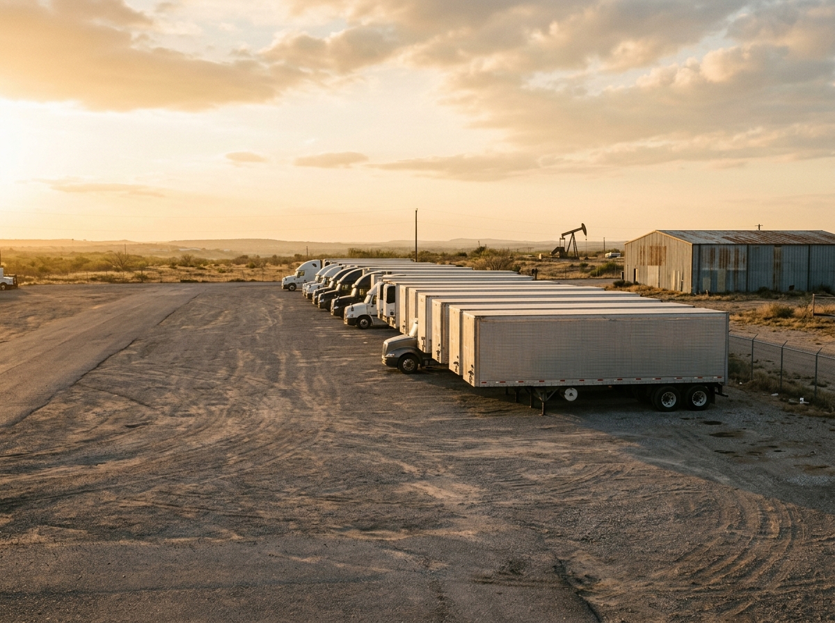 Semi trucks lined up in an Austin-area trucking yard at golden hour.